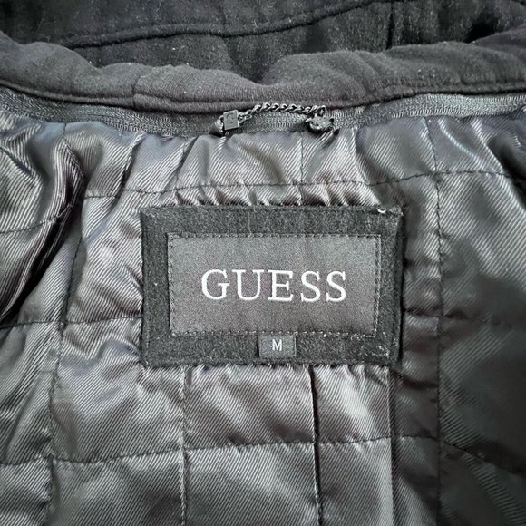 Guess Men Hooded Coat Wool Blend Size MEDIUM Black Full Zip Lined Thermal Jacket - Picture 4 of 8